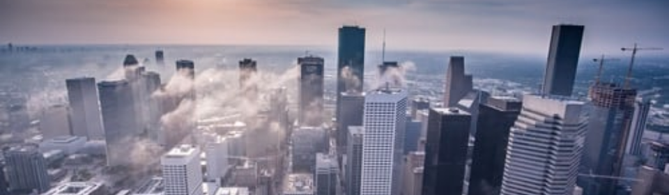 Birds eye view of city office buildings