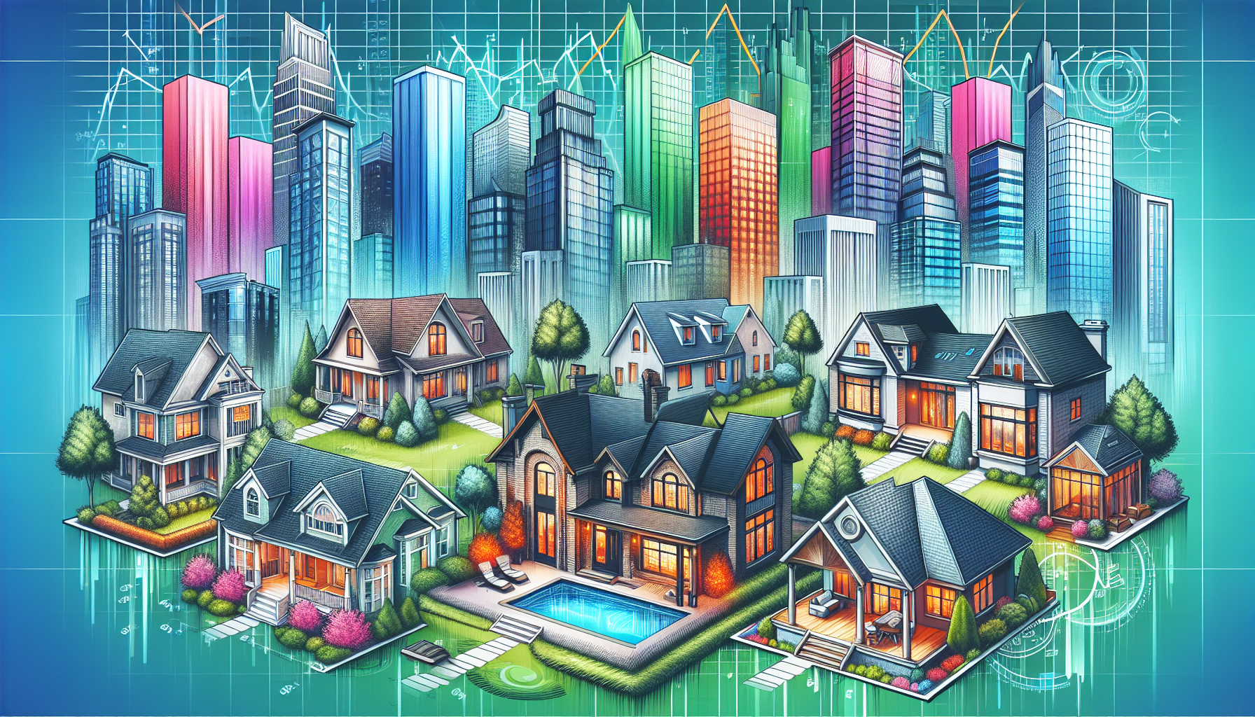Illustration of residential and commercial real estate properties